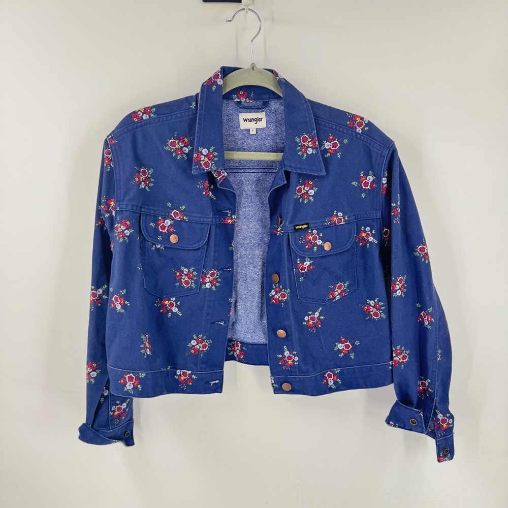 Wrangler Retro Crop Jacket Blue Small Floral Denim Western Cowgirl Cottage